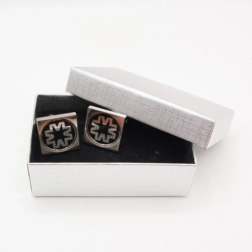 Vintage Silver Tone Square Geometric Starburst Cufflinks Black Enamel Industrial